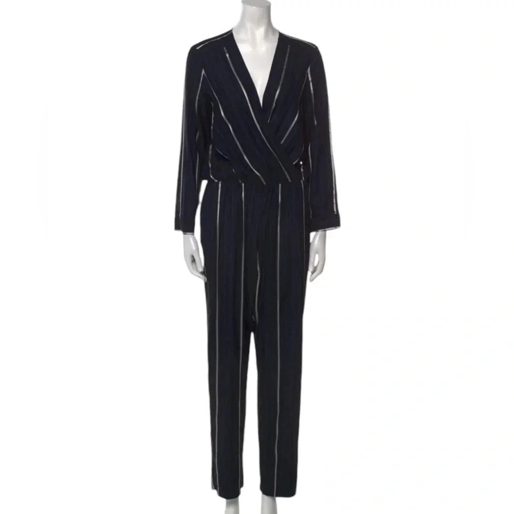 Maje Pinstripe Surplice Bodice Jumpsuit Navy Blue Size S - Picture 3 of 16